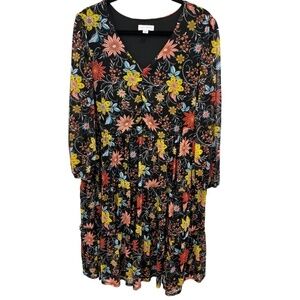 Susan Graver Printed Mesh V-Neck 3/4 Sleeve Tiered Dress Black Coral 2X